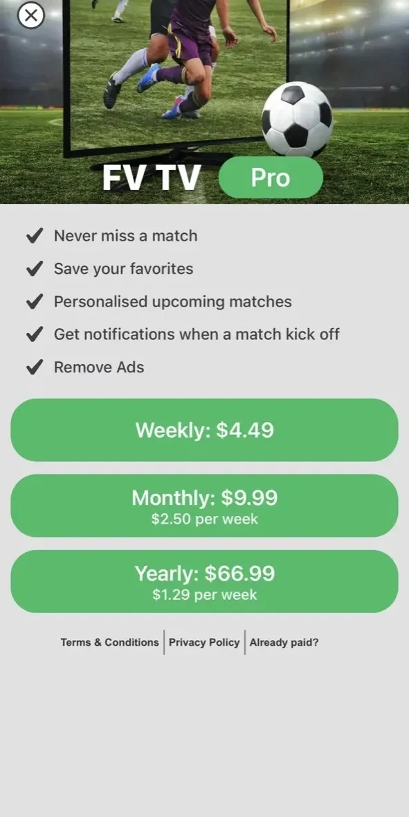 Live Football TV paywall screen