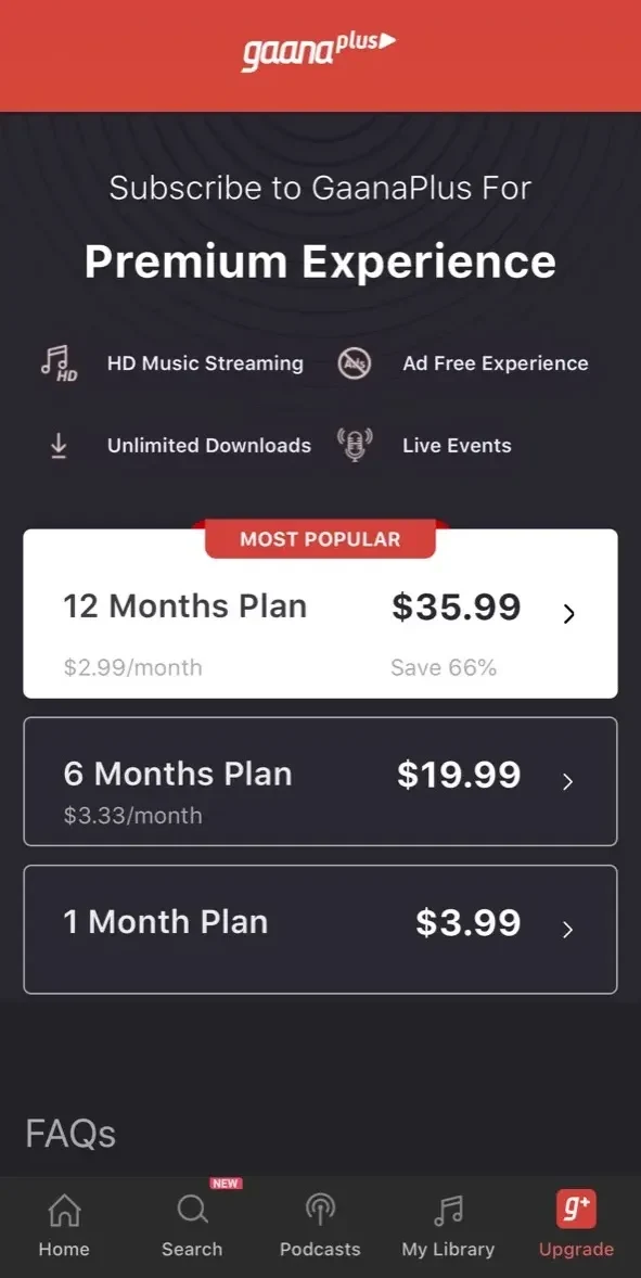 Gaana Music paywall screen