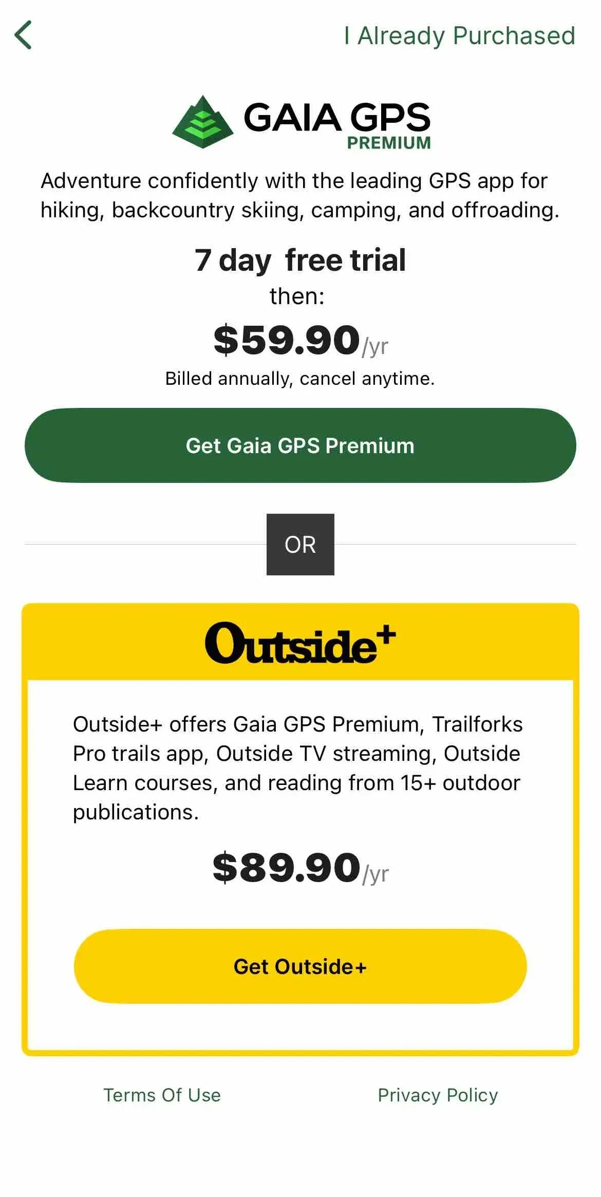 Gaia GPS paywall screen