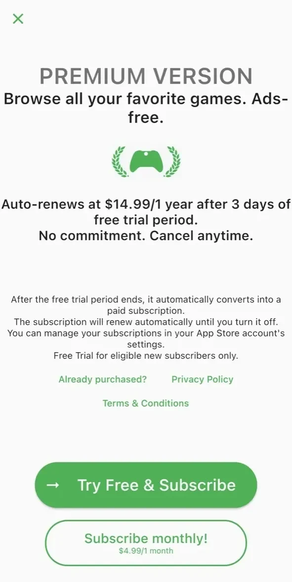 Game Pass list paywall screen