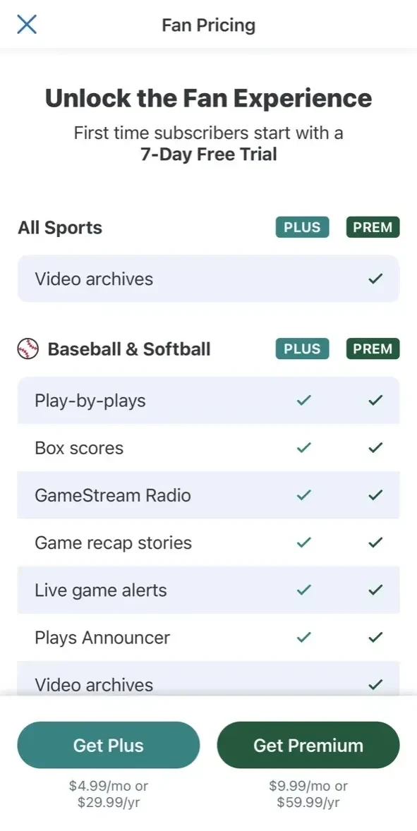 GameChanger paywall screen