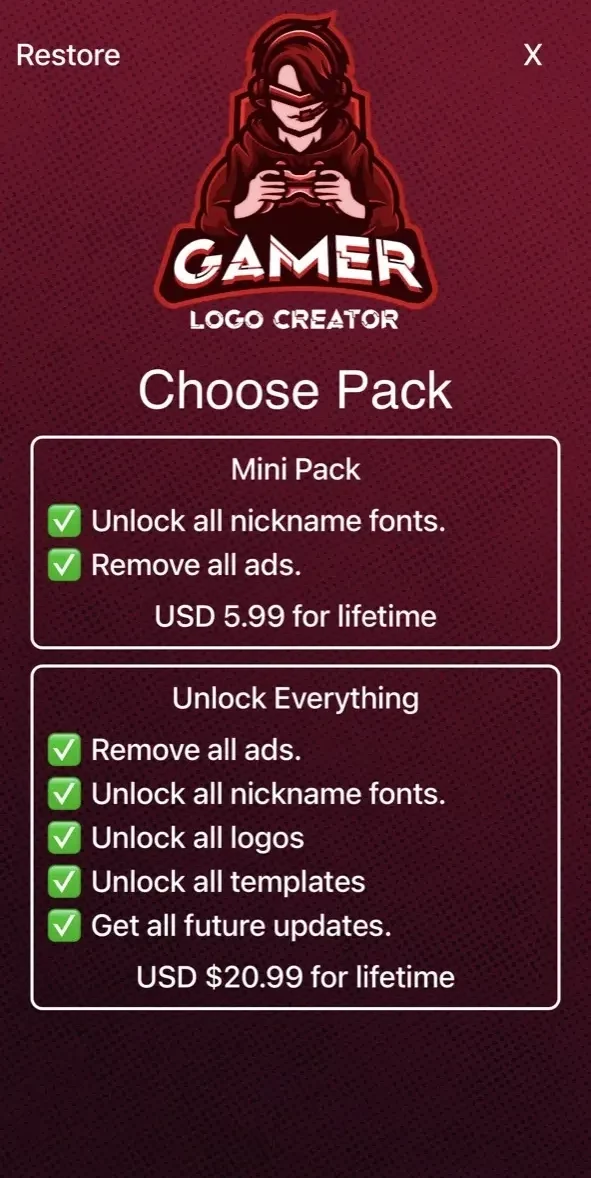 Gaming Logo Creator paywall screen