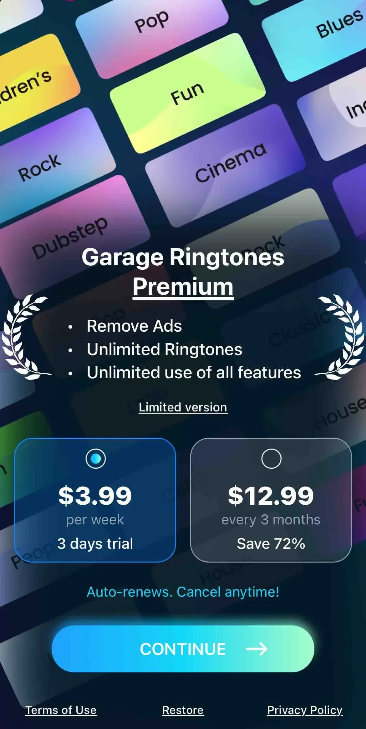 Garage Ringtones paywall screen
