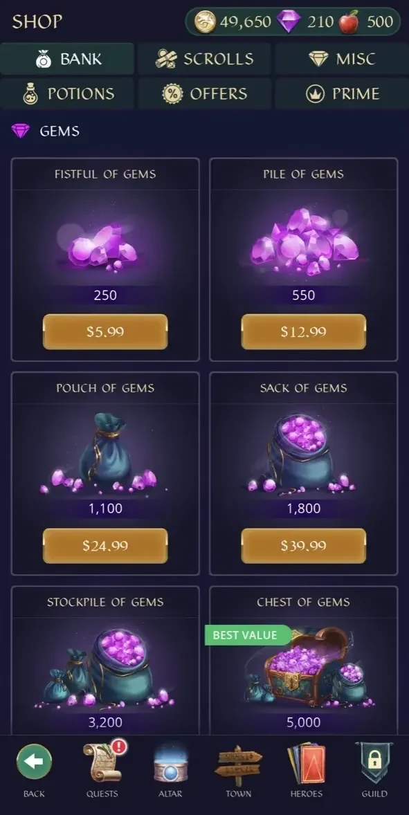 Gemstone Legends paywall screen