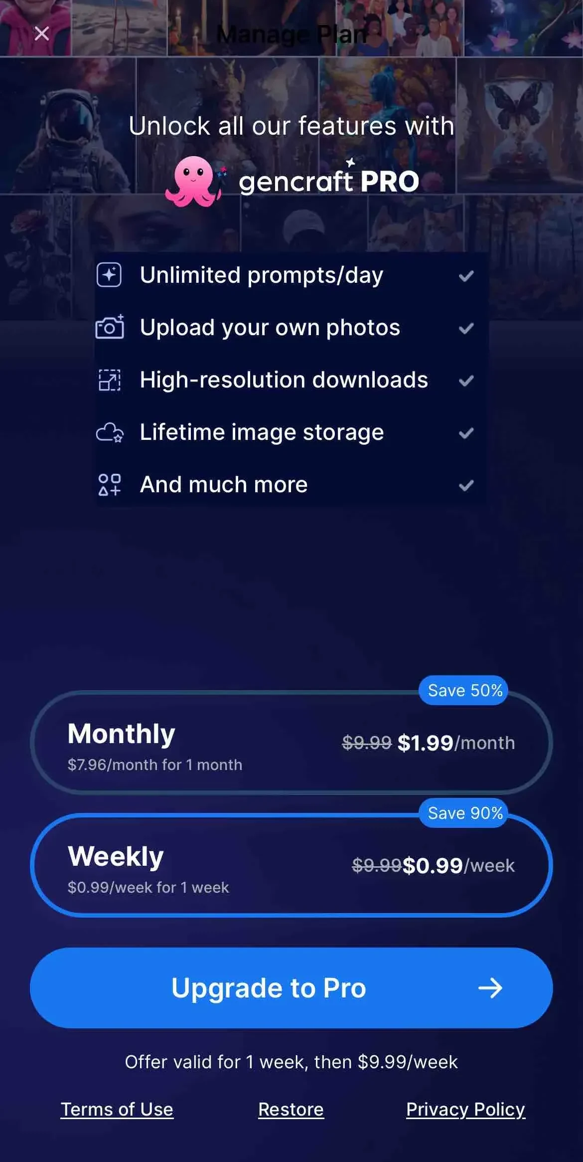Gencraft paywall screen