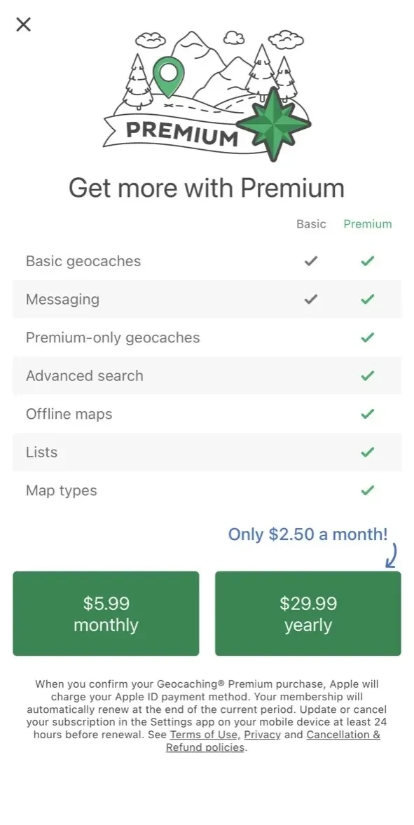 Geocaching® paywall screen