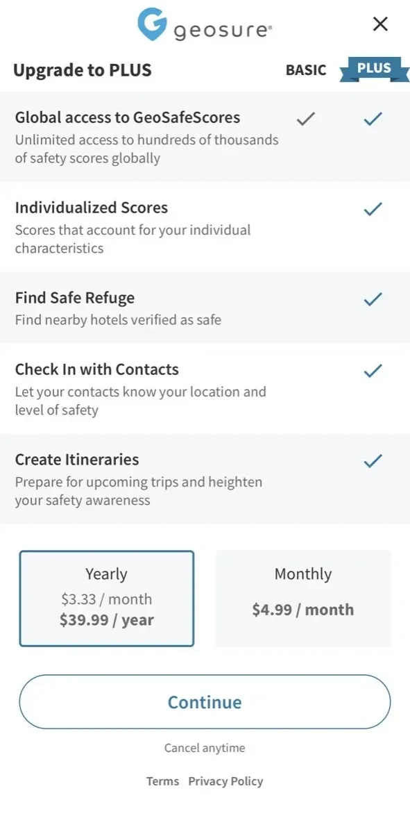 GeoSure paywall screen