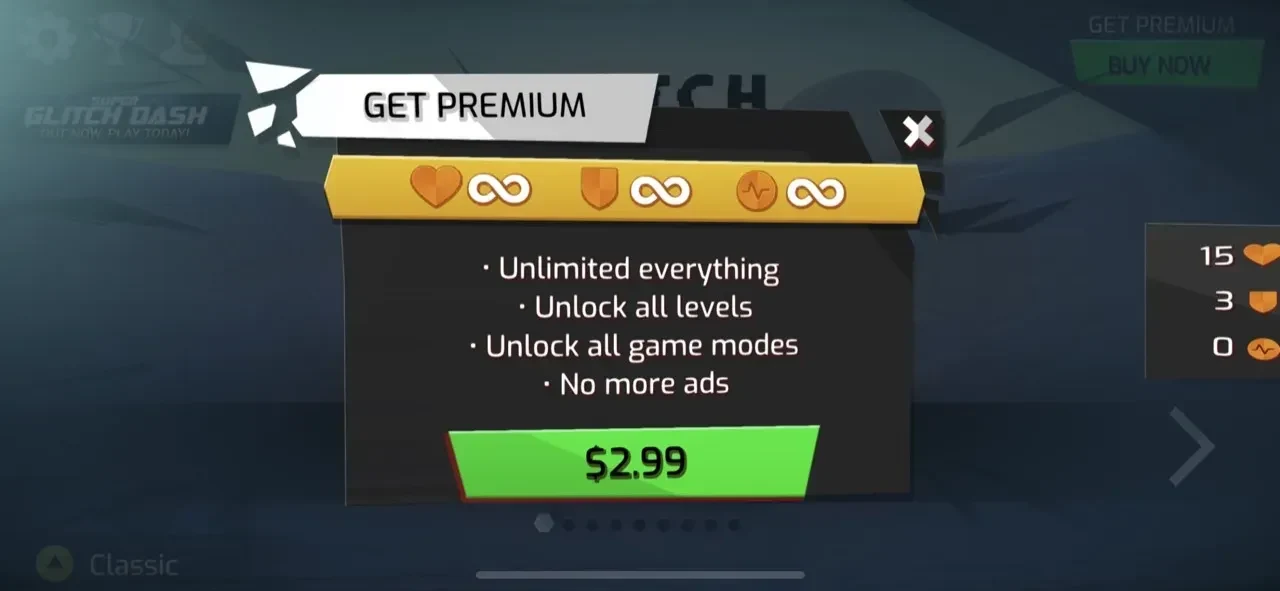 Glitch Dash paywall screen
