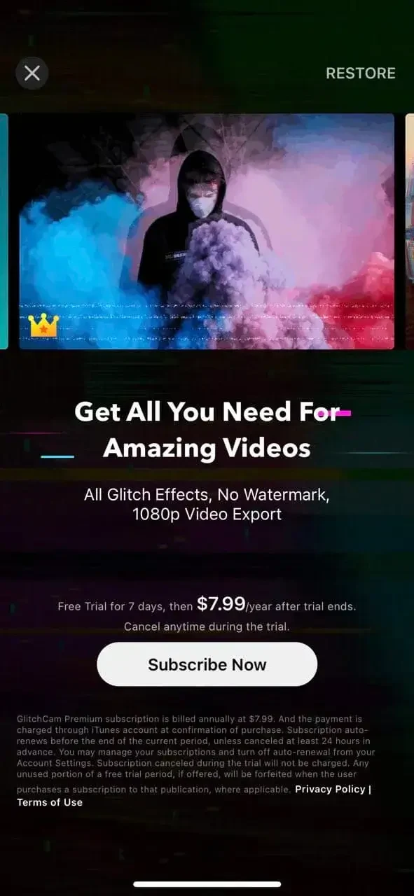 GlitchCam paywall screen