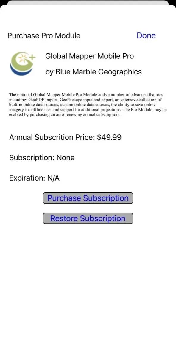 Global Mapper Mobile paywall screen