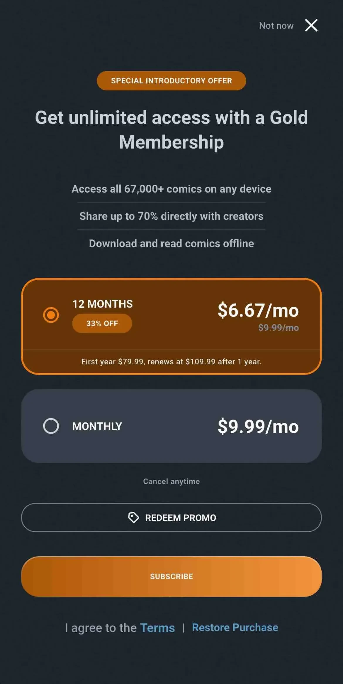 GlobalComix paywall screen