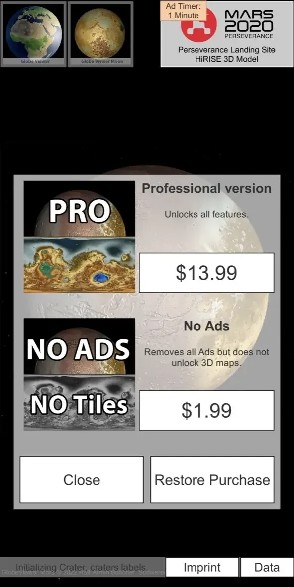 GlobeViewer Mars paywall screen