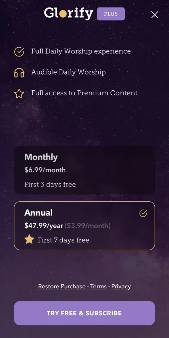 Glorify paywall screen