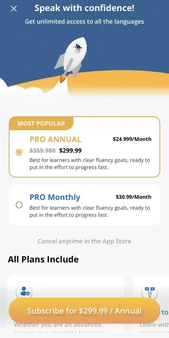 Glossika paywall screen