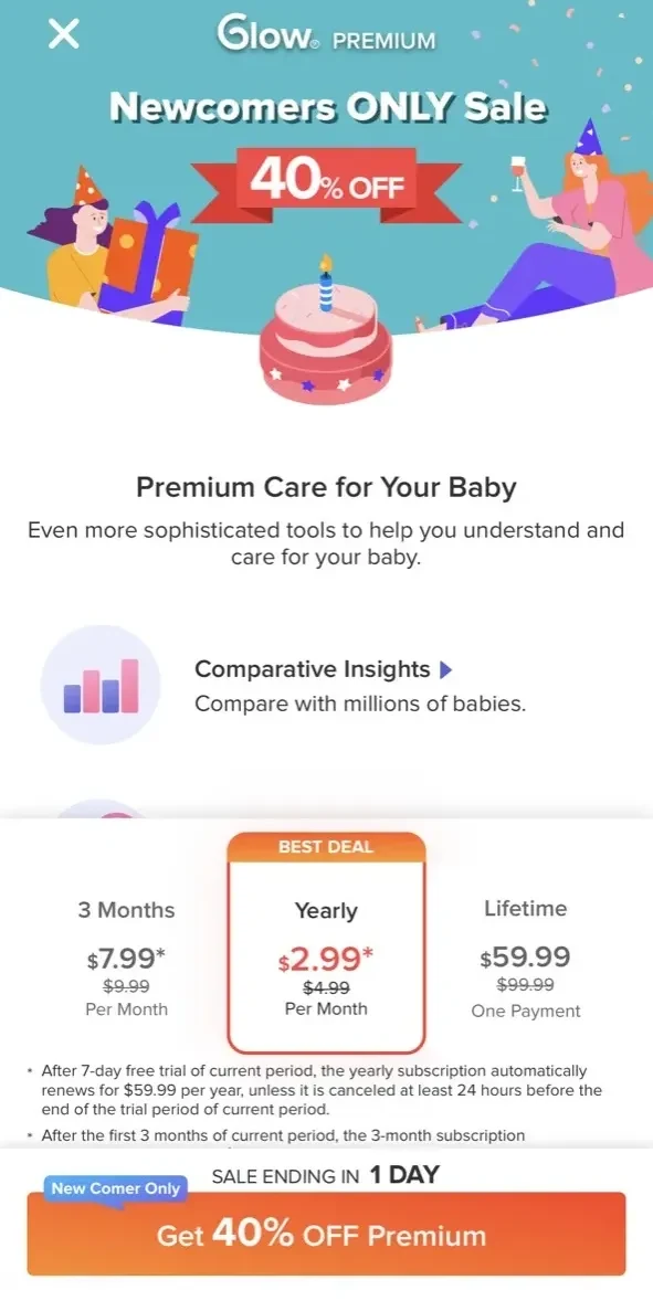 Glow Baby Tracker paywall screen