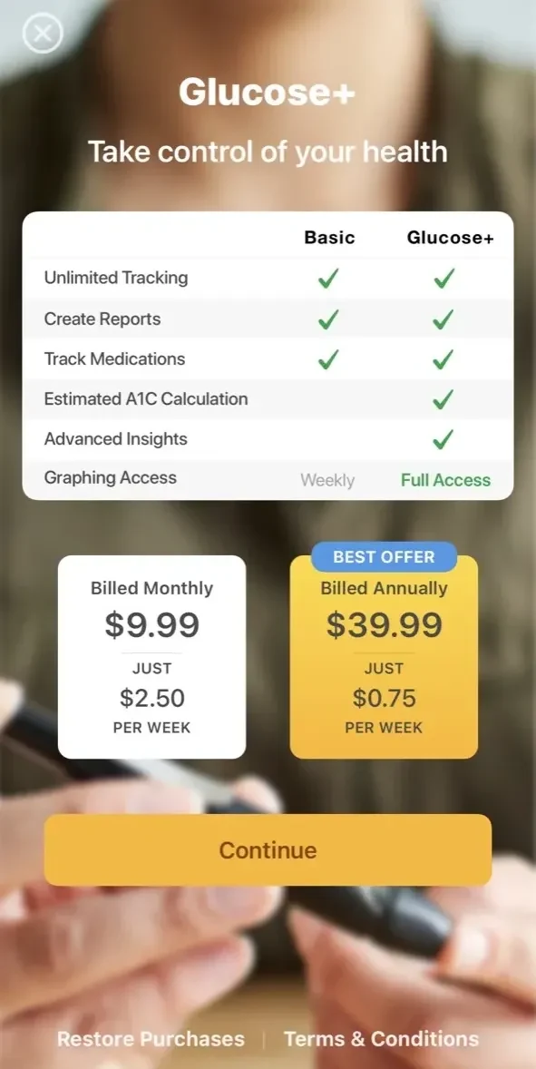 Glucose Blood Sugar Tracker paywall screen