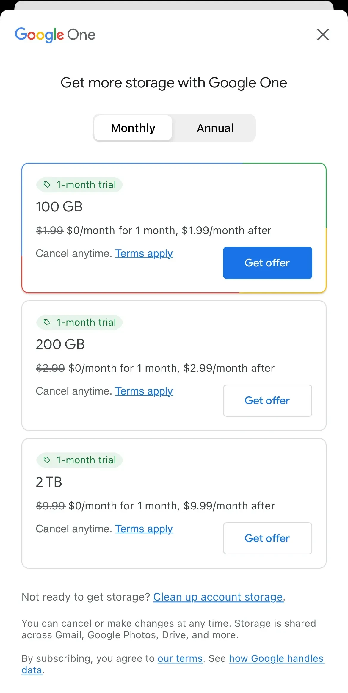 Gmail paywall screen