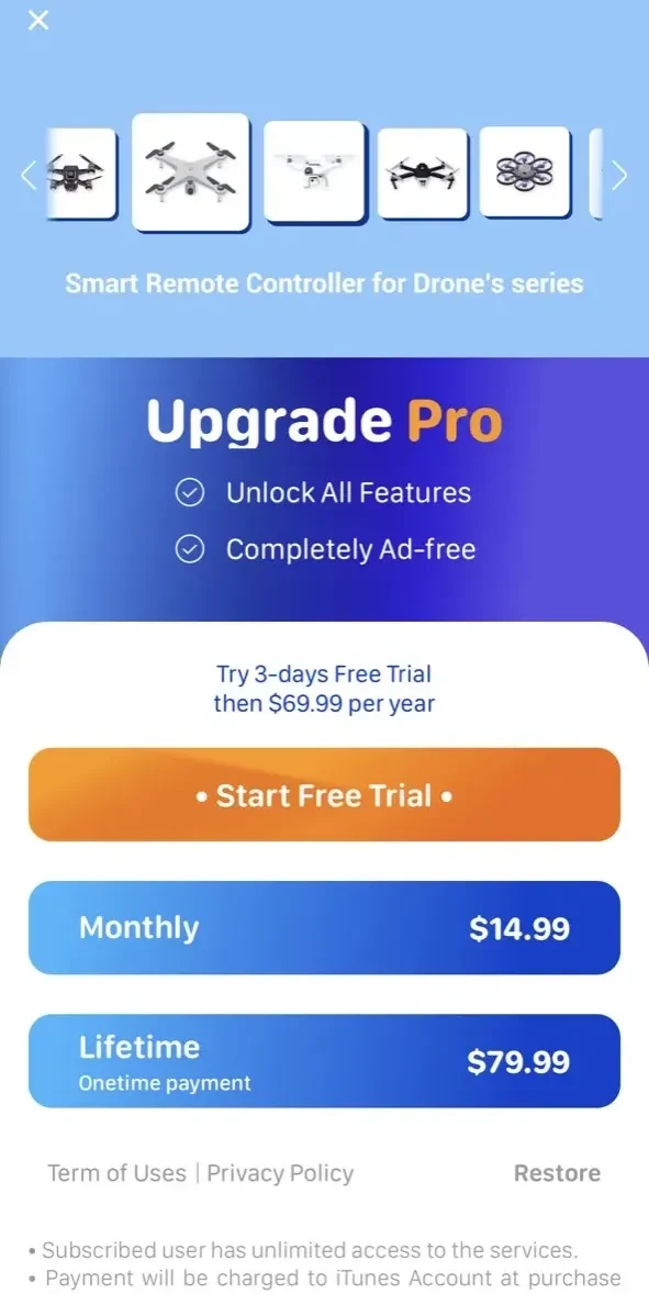 Go Fly paywall screen