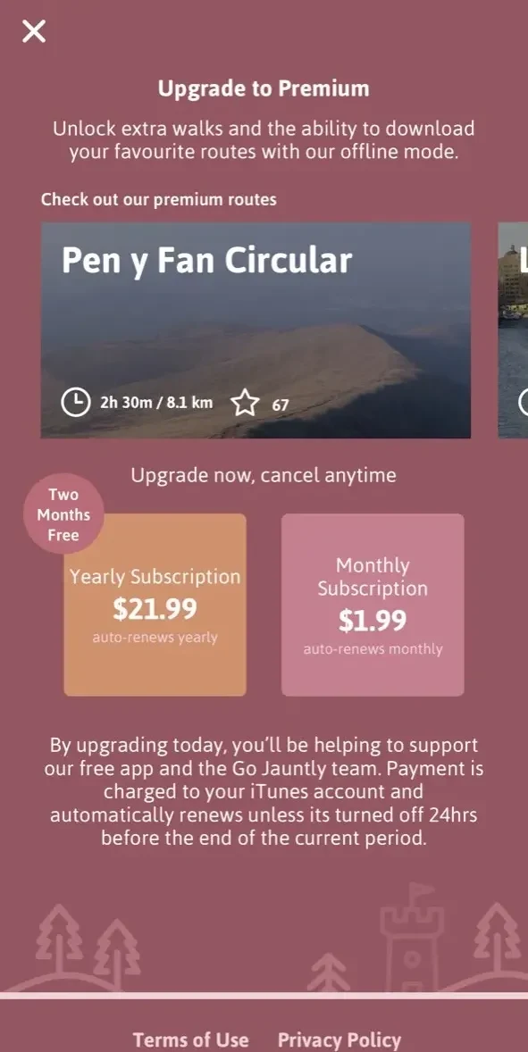 Go Jauntly paywall screen