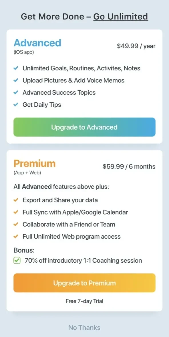 Goal Setting Tracker Planner paywall screen