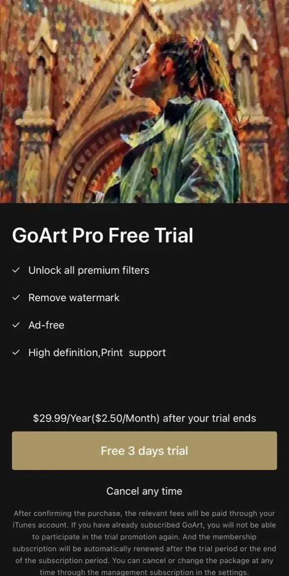 GoArt paywall screen