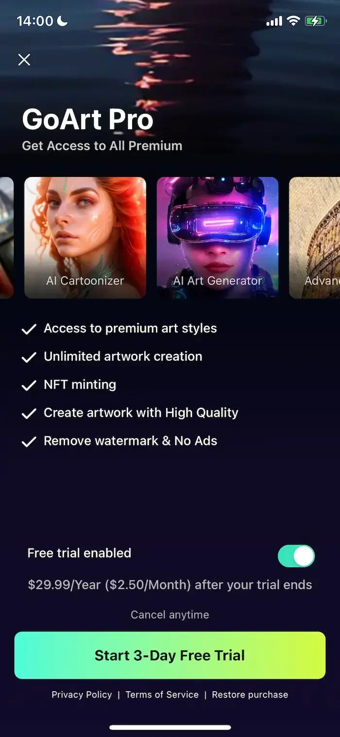 GoArt paywall screen