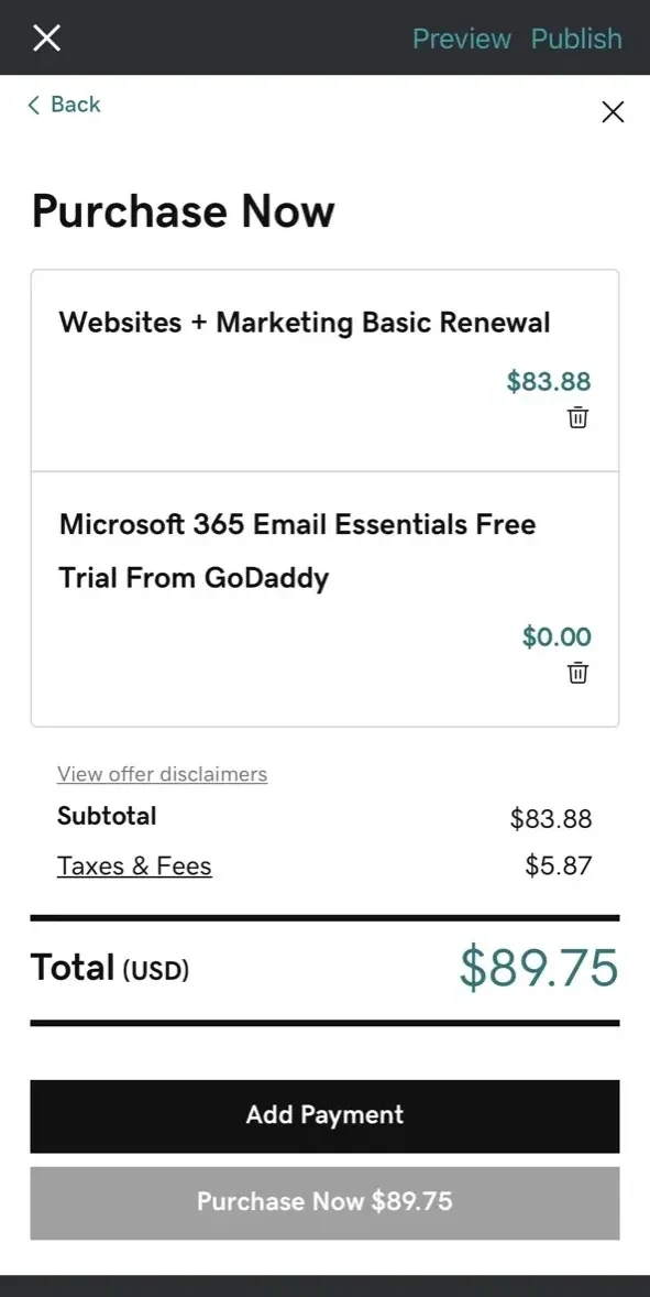 GoDaddy paywall screen