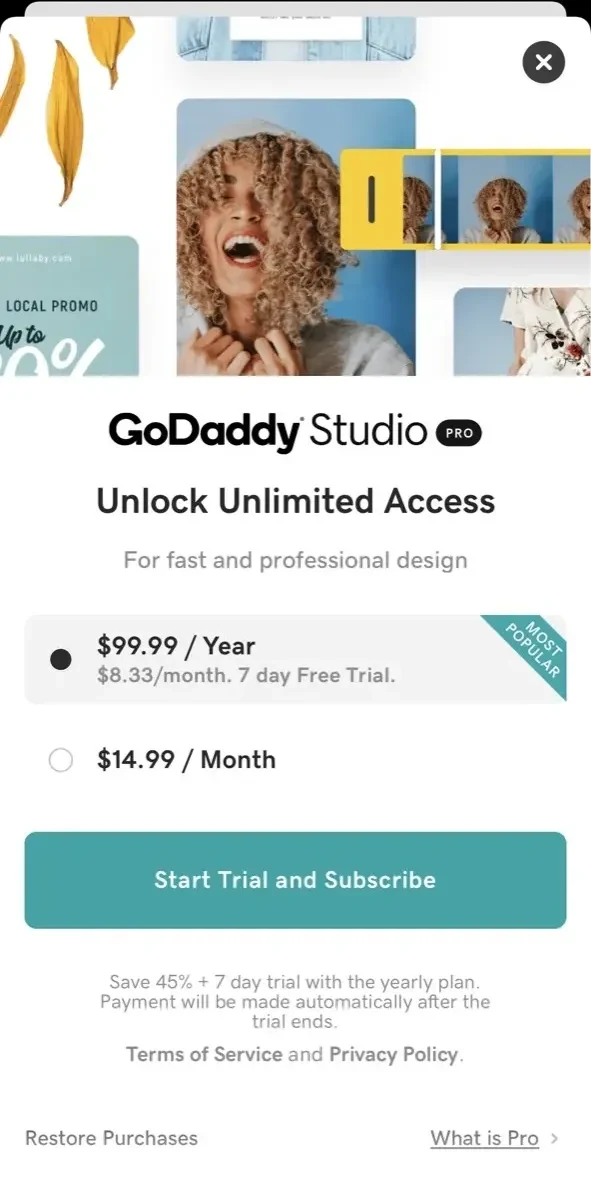 GoDaddy Studio paywall screen