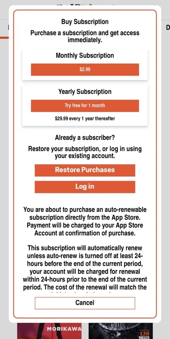 Golf Digest Magazine paywall screen