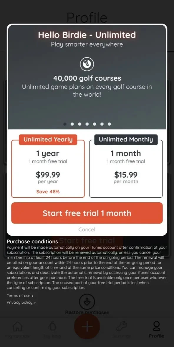 Golf GPS paywall screen
