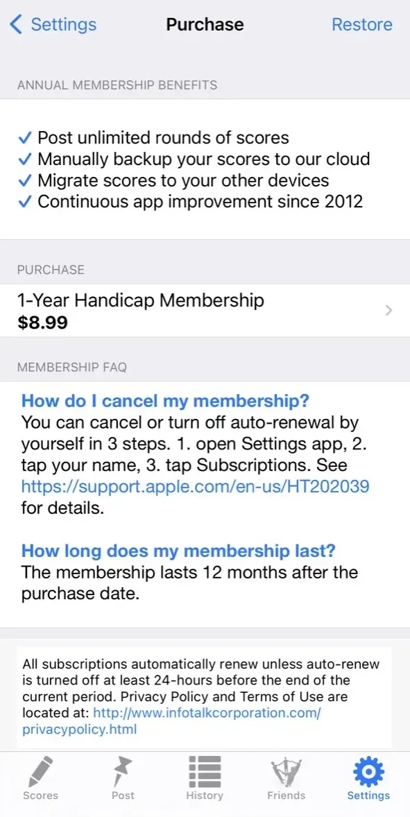 Golf Handicap Tracker paywall screen