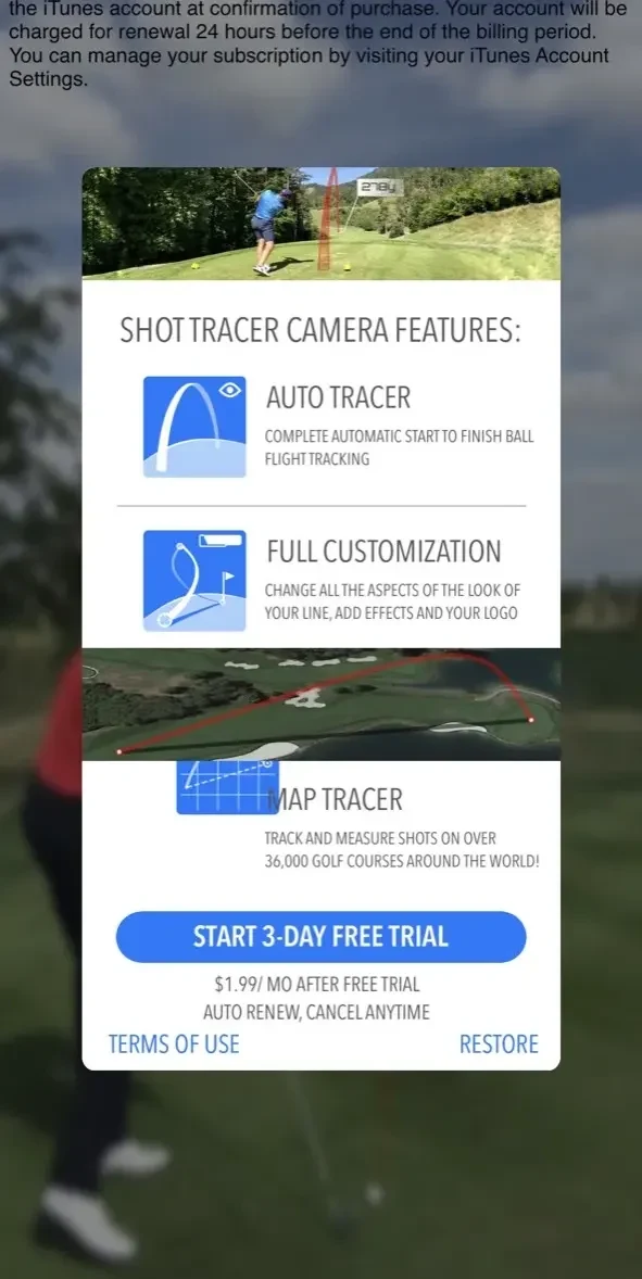 Golf Shot Tracer paywall screen