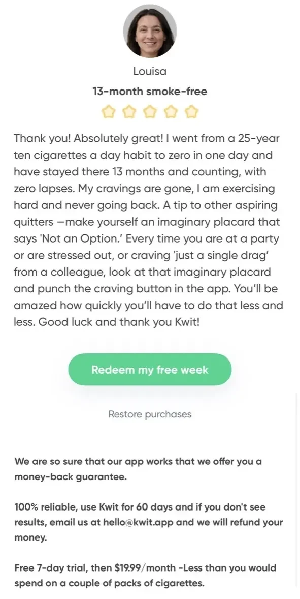 Quit smoking for good paywall screen