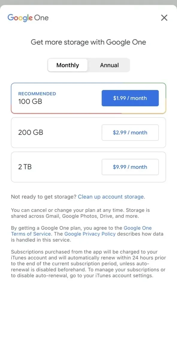 Google Drive paywall screen