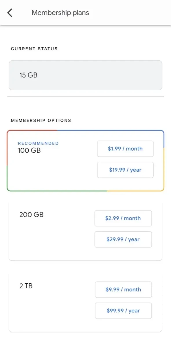 Google One paywall screen