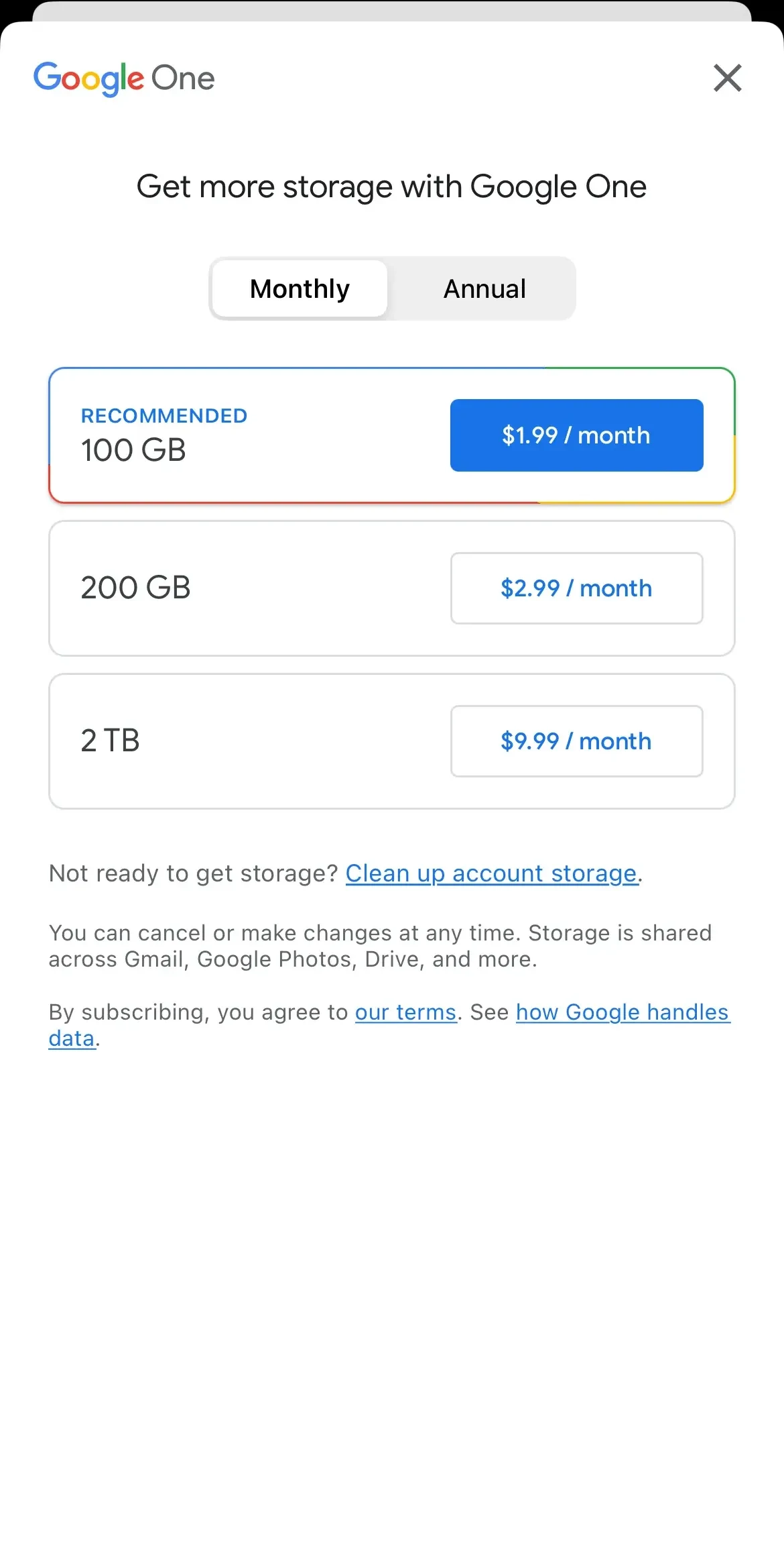 Google Photos paywall screen