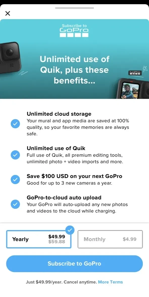 GoPro Quik paywall screen