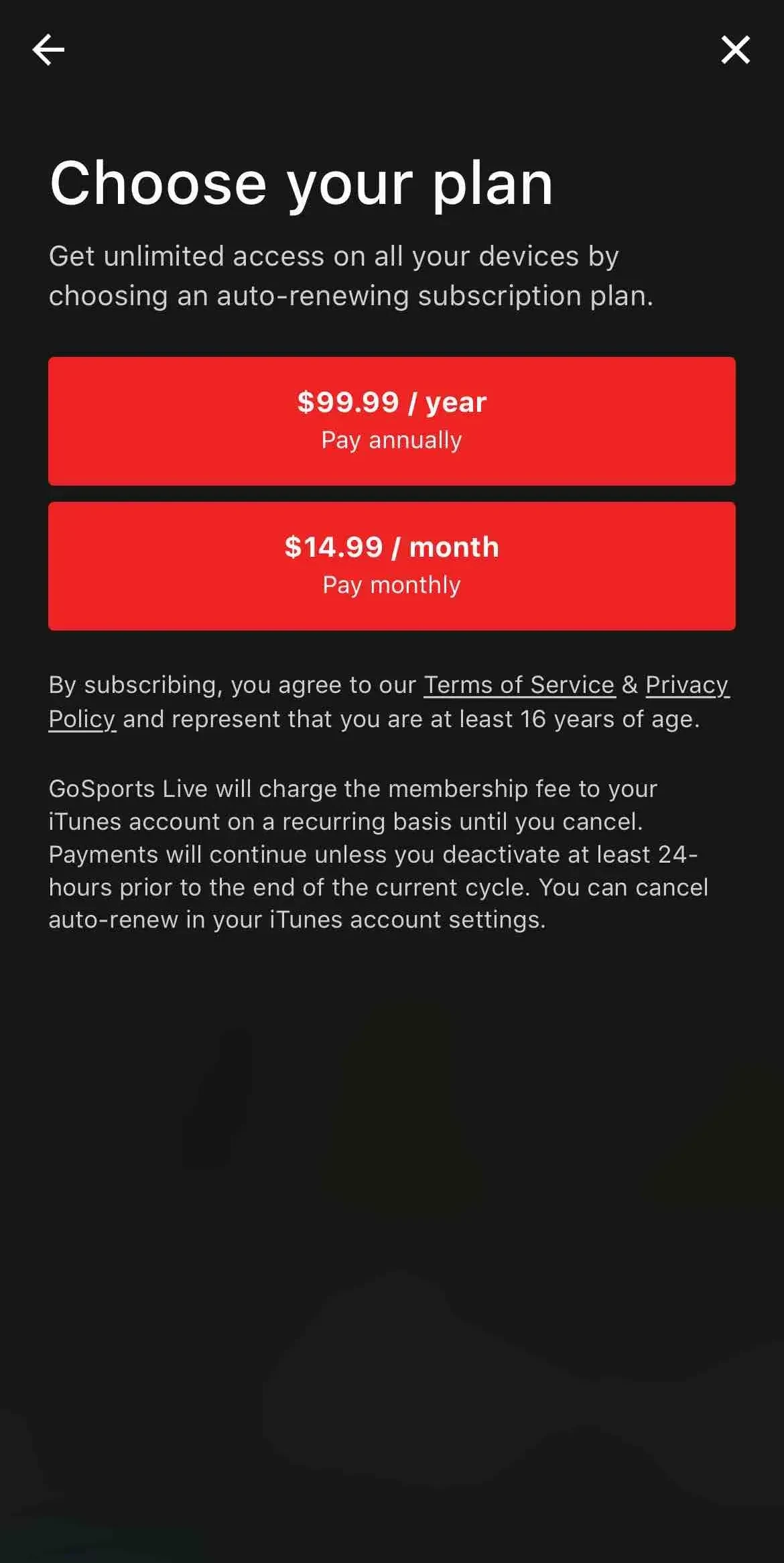 GoSports Live paywall screen