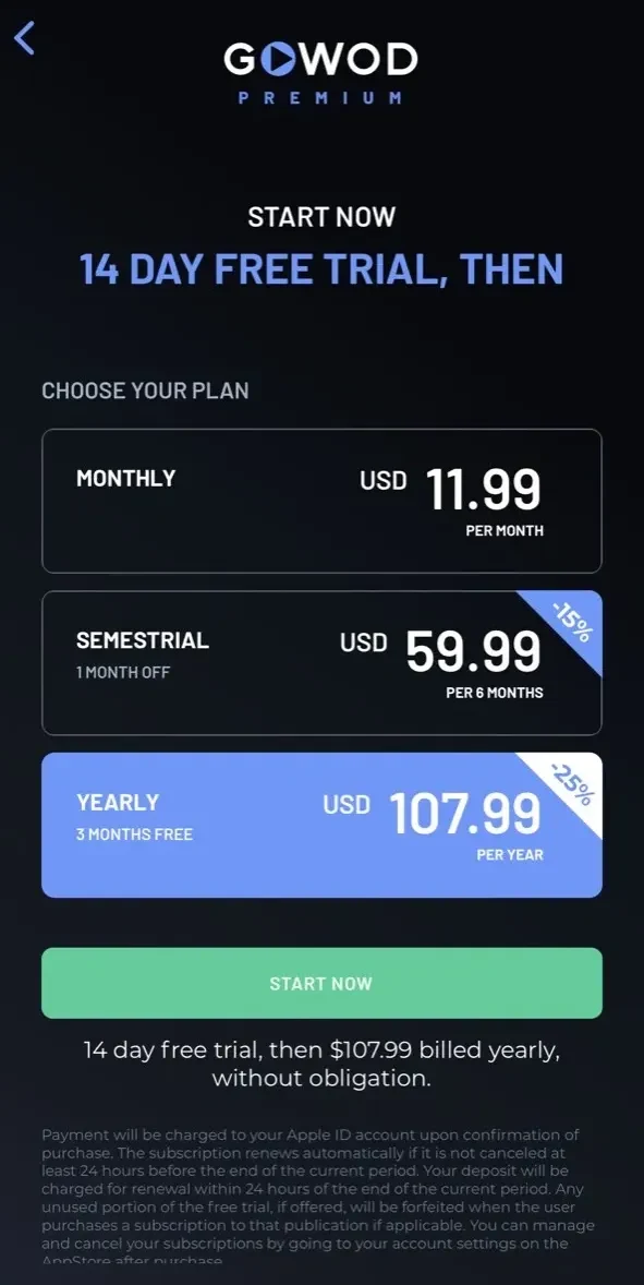GOWOD paywall screen