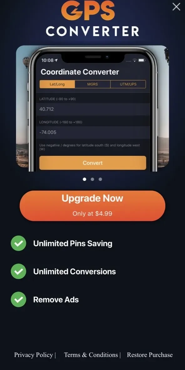 GPS Coordinates Converter App paywall screen