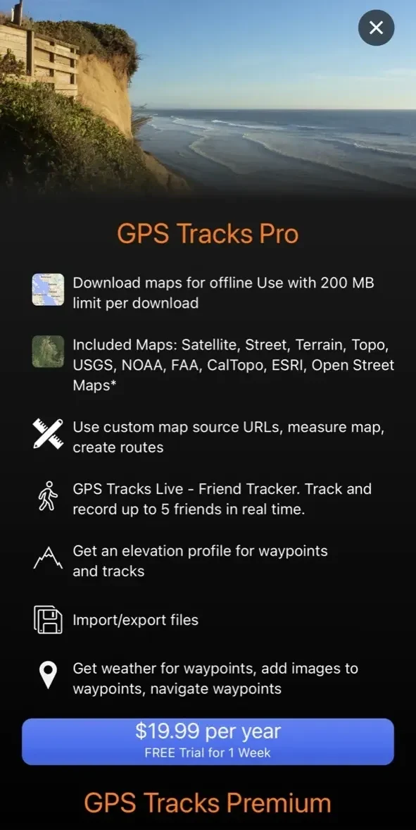 GPS Tracks paywall screen