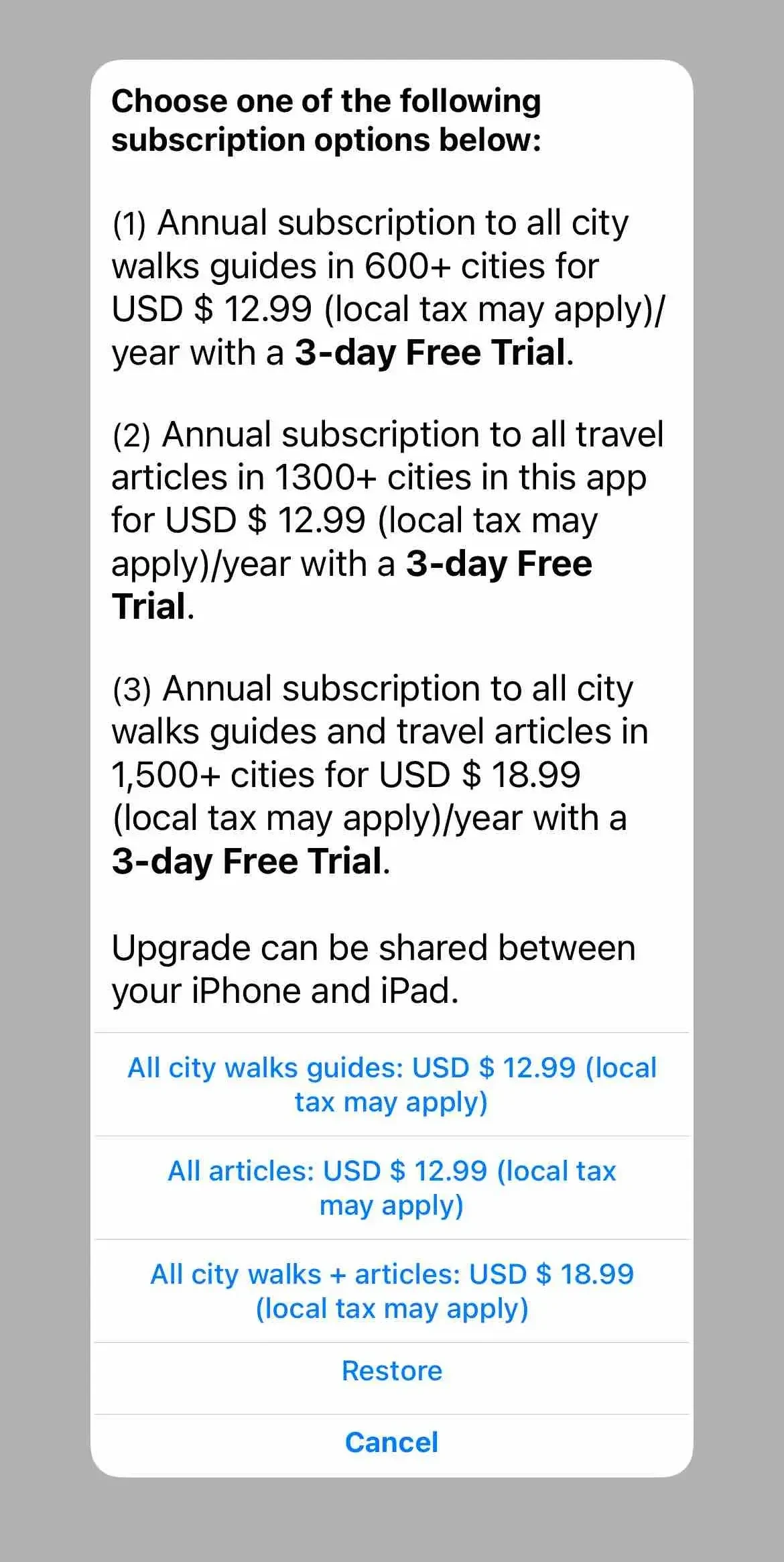 GPSmyCity paywall screen