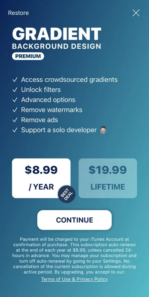 Gradients Maker Design Tool HD paywall screen