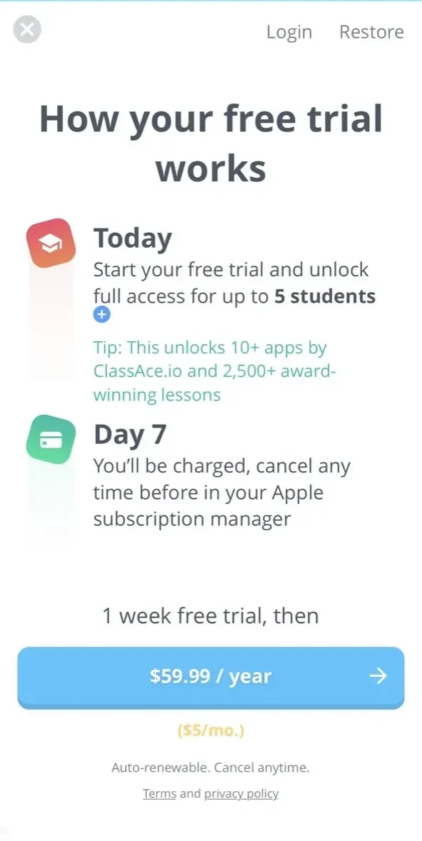 Grammar Ace 1st Grade paywall screen