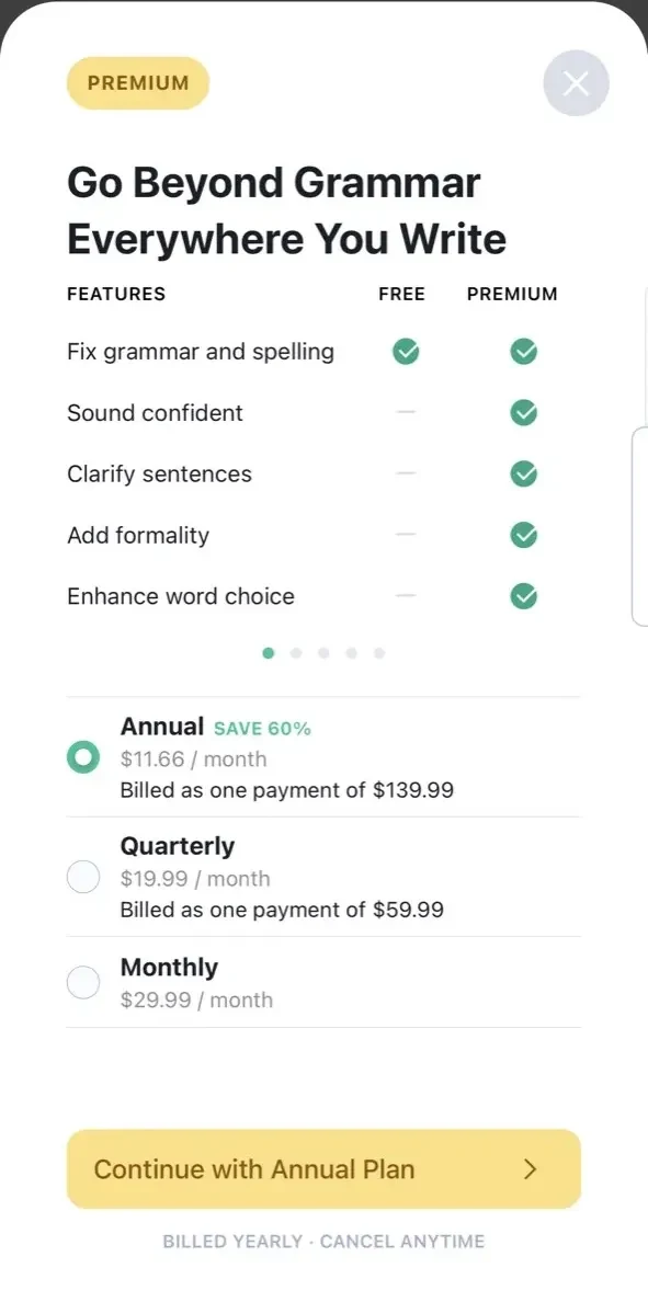 Grammarly paywall screen
