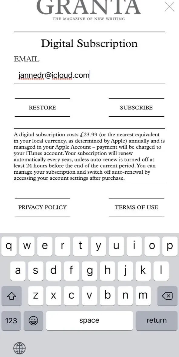 Granta paywall screen