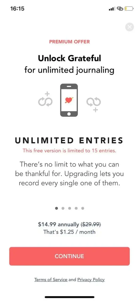 Grateful paywall screen