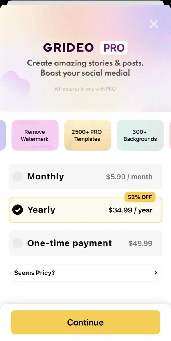 Grideo paywall screen