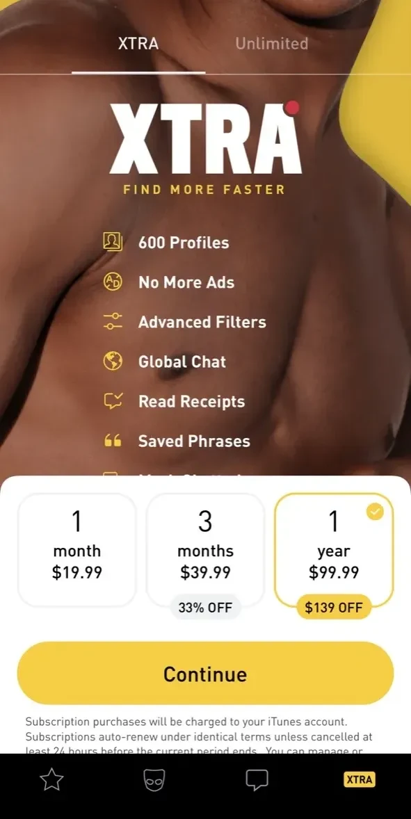 Grindr paywall screen
