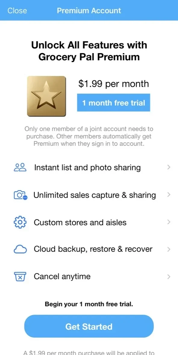 Grocery Pal paywall screen